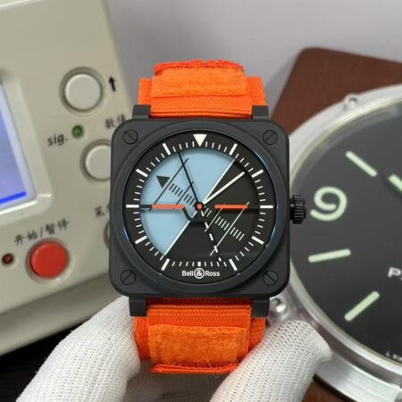M+F Bell & Ross BR03 Horizon Black Ceramic Orange Nylon Band with Original Box