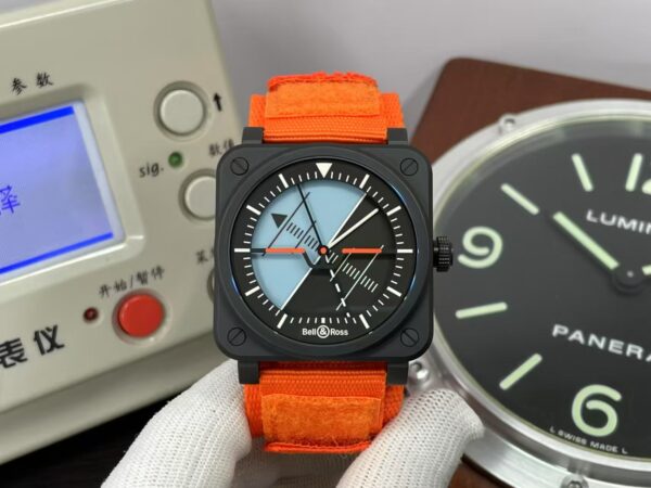 M+F Bell & Ross BR03 Horizon Black Ceramic Orange Nylon Band with Original Box