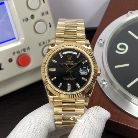 THBF Rolex Day-Date 40mm m228238-0004 Yellow Gold Black Dial Diamond Markers with Original Rolex Box