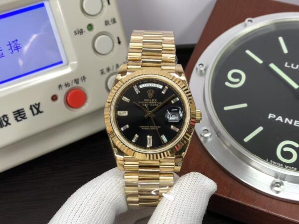 THBF Rolex Day-Date 40mm m228238-0004 Yellow Gold Black Dial Diamond Markers with Original Rolex Box