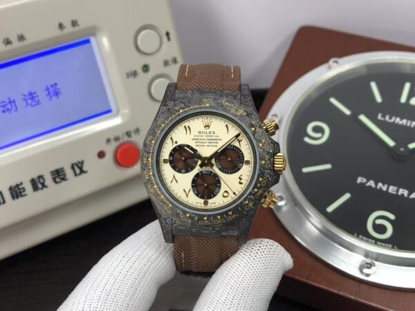 N6F Rolex DiW Daytona Carbon Case Cream Dial Arabic Markers Super Clone 4130 Movement
