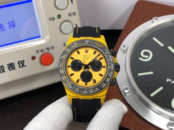 N6F Rolex DiW Daytona Yellow Carbon Case Black Nylon Band Super Clone 4130 with Original Rolex Box