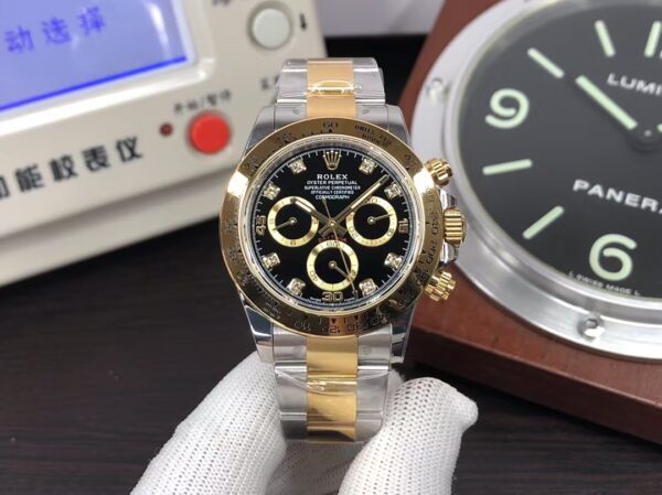 CF Rolex Daytona m116503-0011 Two Tone Case Black Dial Diamond Hour Markers with Super Clone 4130 Movement