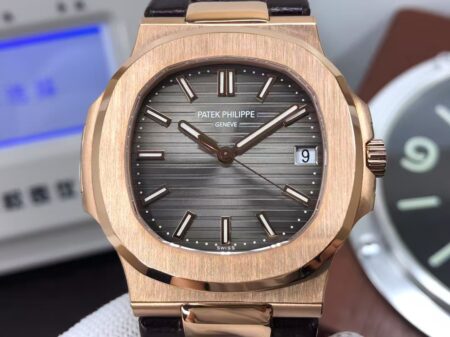 Patek Philippe Nautilus 5711 Rose Gold Case Grey Dial Brown Leather Strap with Super Clone 324 Movement - Image 5