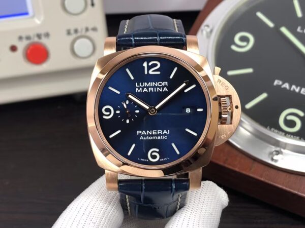Panerai Luminor Marina PAM 1112 Goldtech Rose Gold Case Blue Dial Blue Leather Strap