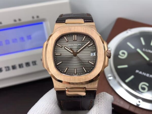 Patek Philippe Nautilus 5711 Rose Gold Case Grey Dial Brown Leather Strap with Super Clone 324 Movement