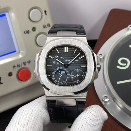 Patek Philippe Nautilus Moon Phase 5712 Blue Super Clone 240 Movement Black Leather Strap