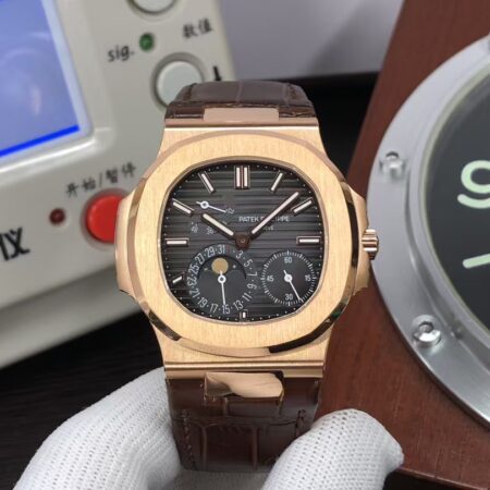Patek Philippe Nautilus Moon Phase 5712 Super Clone 240 Movement Rose Gold Case Brown Leather Strap