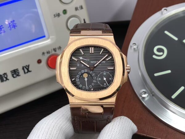 Patek Philippe Nautilus Moon Phase 5712 Super Clone 240 Movement Rose Gold Case Brown Leather Strap
