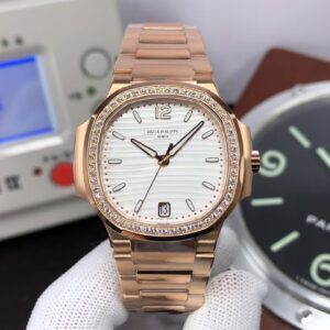 Patek Philippe Nautilus Ladies 7118 Rose Gold Case White Dial Diamond Bezel with Super Clone 324 Movement
