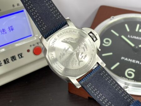 Panerai Submersible Mike Horn PAM 985 Titanium Case Super Clone P.9010 Movement Black Dial Blue Leather Strap - Image 8