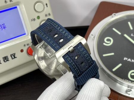 Panerai Submersible Mike Horn PAM 985 Titanium Case Super Clone P.9010 Movement Black Dial Blue Leather Strap - Image 9