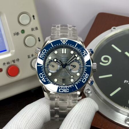 Omega Seamaster 300m Chrono 210.30.44.51.06.001 44mm Clone 9900 Movement Grey Wavy Dial Blue Ceramic Bezel