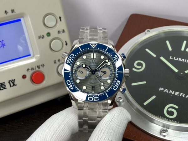 Omega Seamaster 300m Chrono 210.30.44.51.06.001 44mm Clone 9900 Movement Grey Wavy Dial Blue Ceramic Bezel