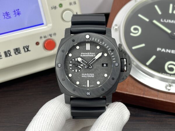 Panerai PAM 979 Carbotech Submersible Marina Militare Carbon Dial Super Clone P.9000 Movement Black Rubber Strap