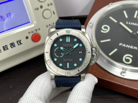 Panerai Submersible Mike Horn PAM 985 Titanium Case Super Clone P.9010 Movement Black Dial Blue Leather Strap
