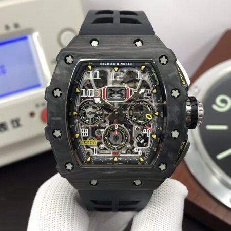 Richard Mille RM011-03 Black Carbon Case Skeleton Dial Black Rubber Strap