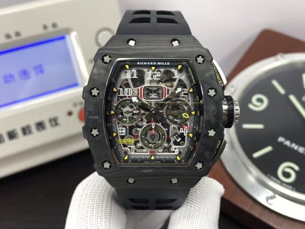 Richard Mille RM011-03 Black Carbon Case Skeleton Dial Black Rubber Strap