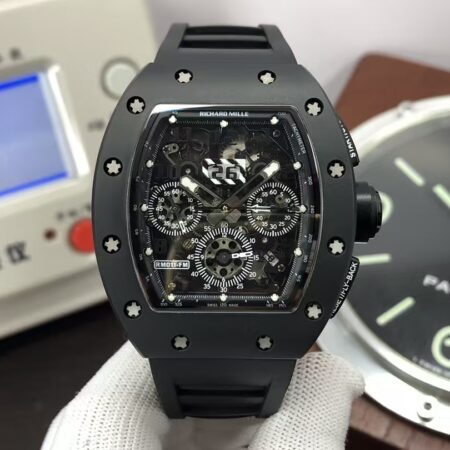 Richard Mille RM011 Felipe Massa Titanium Flyback Chronograph Clone RMAC1 Movement Black Ceramic Case Black Rubber Strap