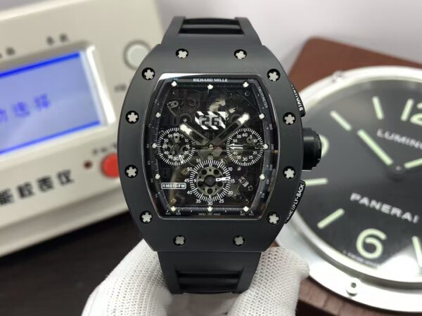 Richard Mille RM011 Felipe Massa Titanium Flyback Chronograph Clone RMAC1 Movement Black Ceramic Case Black Rubber Strap