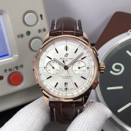 Breitling Premier B01 42mm RB0118371G1P2 Rose Gold Case White Dial Brown Leather Strap