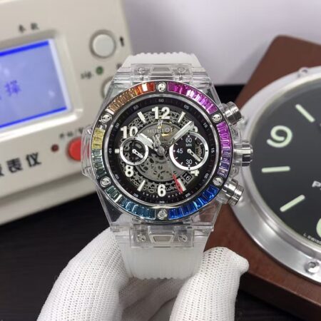 Hublot Big Bang Unico 45mm 411.JX.4803.RT.4099 Rainbow Diamond Bezel White Rubber Strap