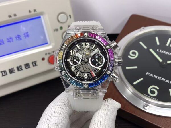 Hublot Big Bang Unico 45mm 411.JX.4803.RT.4099 Rainbow Diamond Bezel White Rubber Strap